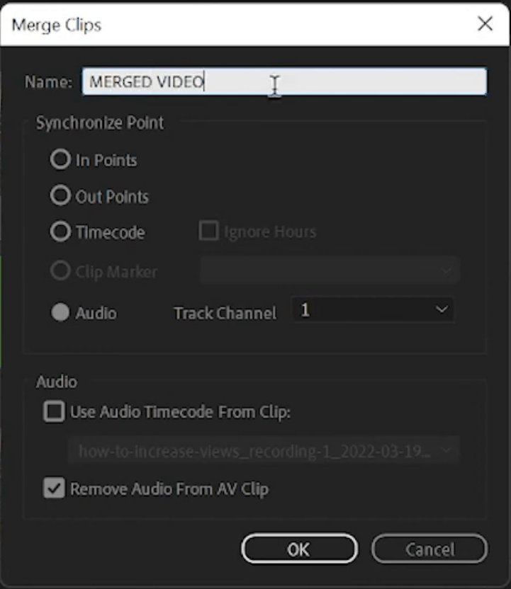 Screenshot showing merge clips settings in Premiere Pro.